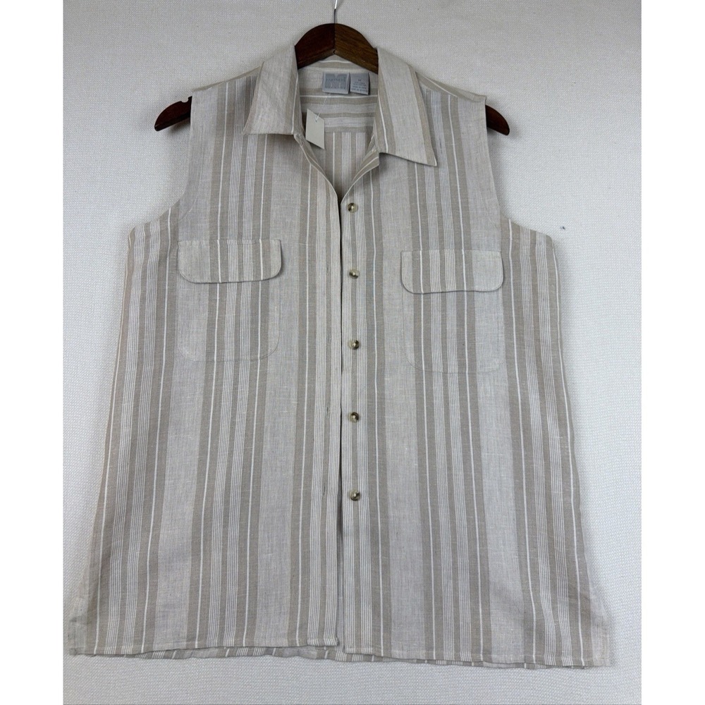 NWT Mervyns Button Up Striped Blouse‎ Sz M Beige White Career Casual Linen Blend